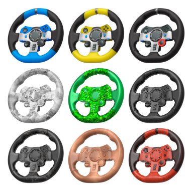 Yarış oyunu direksiyonları beyaz arka planda izole edilmiş, kırpma yolu ile, ustalıkla tasarlanmış oyun deneyiminizi geliştirmek için