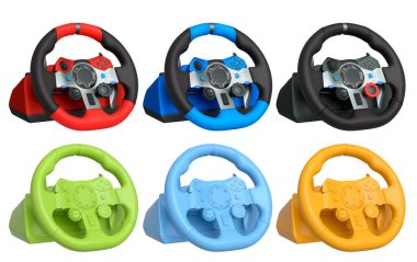 Yarış oyunu direksiyonları beyaz arka planda izole edilmiş, kırpma yolu ile, ustalıkla tasarlanmış oyun deneyiminizi geliştirmek için