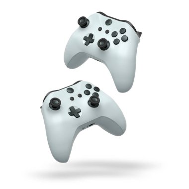 Havada uçan kablosuz oyun kontrolörleri kırpma yolu ile beyaz arka planda izole edilmiş, oyun teknolojisi konseptini sembolize ediyor.