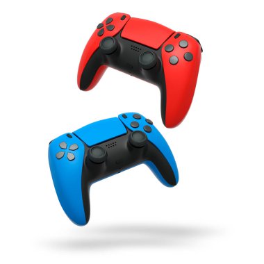 Havada uçan kablosuz oyun kontrolörleri kırpma yolu ile beyaz arka planda izole edilmiş, oyun teknolojisi konseptini sembolize ediyor.