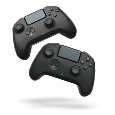 Havada uçan kablosuz oyun kontrolörleri kırpma yolu ile beyaz arka planda izole edilmiş, oyun teknolojisi konseptini sembolize ediyor.