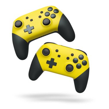 Havada uçan kablosuz oyun kontrolörleri kırpma yolu ile beyaz arka planda izole edilmiş, oyun teknolojisi konseptini sembolize ediyor.