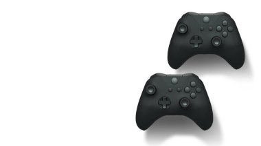 Havada uçan kablosuz oyun kontrolörleri kırpma yolu ile beyaz arka planda izole edilmiş, oyun teknolojisi konseptini sembolize ediyor.