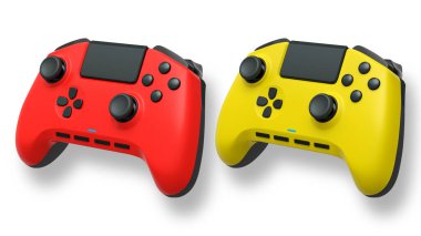 Havada uçan kablosuz oyun kontrolörleri kırpma yolu ile beyaz arka planda izole edilmiş, oyun teknolojisi konseptini sembolize ediyor.