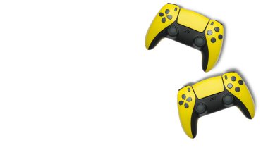 Havada uçan kablosuz oyun kontrolörleri kırpma yolu ile beyaz arka planda izole edilmiş, oyun teknolojisi konseptini sembolize ediyor.