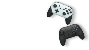 Havada uçan kablosuz oyun kontrolörleri kırpma yolu ile beyaz arka planda izole edilmiş, oyun teknolojisi konseptini sembolize ediyor.