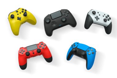 Havada uçan kablosuz oyun kontrolörleri kırpma yolu ile beyaz arka planda izole edilmiş, oyun teknolojisi konseptini sembolize ediyor.