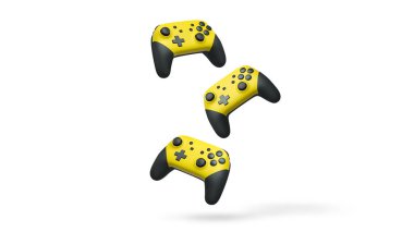 Havada uçan kablosuz oyun kontrolörleri kırpma yolu ile beyaz arka planda izole edilmiş, oyun teknolojisi konseptini sembolize ediyor.