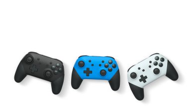 Havada uçan kablosuz oyun kontrolörleri kırpma yolu ile beyaz arka planda izole edilmiş, oyun teknolojisi konseptini sembolize ediyor.