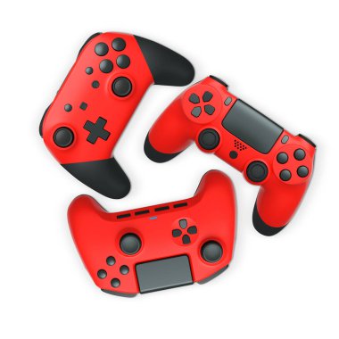 Havada uçan kablosuz oyun kontrolörleri kırpma yolu ile beyaz arka planda izole edilmiş, oyun teknolojisi konseptini sembolize ediyor.