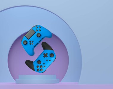 Renkli oyun kontrolörleri, podyum üzerinde yükselen joystick soyut arka plan, minimalist kavram aygıtı.