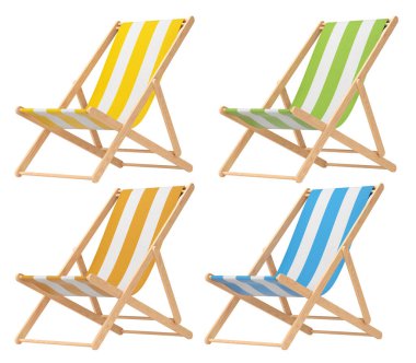 Beyaz arka planda izole edilmiş yaz kaçamakları için çizgili plaj sandalyeleri. Yaz tatili konsepti ve tatillerinin 3 boyutlu canlandırması