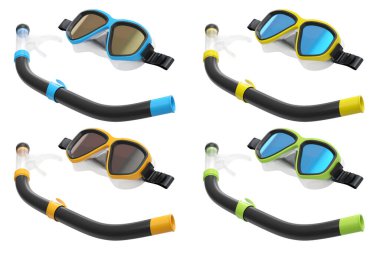 Yaz tatili için dalış maskesi ve şnorkel seti ve beyaz arka planda şnorkelle dalış yaz tatili konsepti ve tatillerin 3 boyutlu canlandırması.