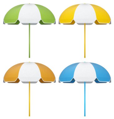 Beyaz arka planda izole edilmiş yaz kaçamakları için çizgili plaj şemsiyeleri. Yaz tatili konsepti ve tatillerinin 3 boyutlu canlandırması