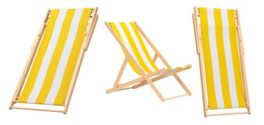 Beyaz arka planda izole edilmiş yaz kaçamakları için çizgili plaj sandalyeleri. Yaz tatili konsepti ve tatillerinin 3 boyutlu canlandırması