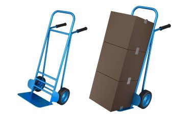 Havaalanı bagaj seti ya da bagaj vagonu yanında bir yığın karton kutu ya da beyaz arka planda karton kutu. Havaalanı veya depo servisinin 3d oluşturma ögesi