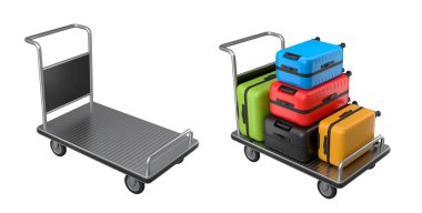 Beyaz arka planda bagajları taşımak için normal polikarbonat valiz seti. 3D seyahat konsepti. Tatil ve bagaj taşımacılığı.