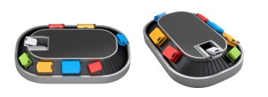 Havalimanı bagaj bandı ya da bagaj teslim alanı beyaz arka planda bavullarla dolu. Seyahat tatil konseptinin 3D sunucusu.