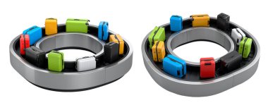 Havalimanı bagaj bandı ya da bagaj teslim alanı beyaz arka planda bavullarla dolu. Seyahat tatil konseptinin 3D sunucusu.