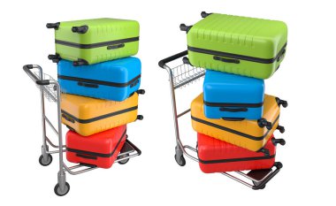 Beyaz arka planda bagajları taşımak için normal polikarbonat valiz seti. 3D seyahat konsepti. Tatil ve bagaj taşımacılığı.