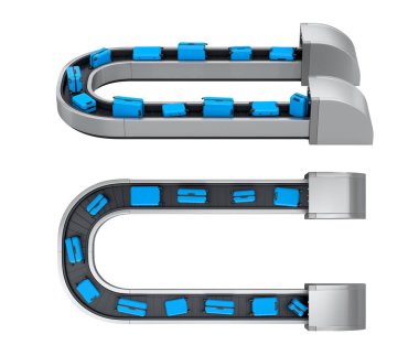 Havalimanı bagaj bandı ya da bagaj teslim alanı beyaz arka planda bavullarla dolu. Seyahat tatil konseptinin 3D sunucusu.