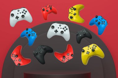 Renkli oyun kontrolörleri, podyum üzerinde yükselen joystick soyut arka plan, minimalist kavram aygıtı.