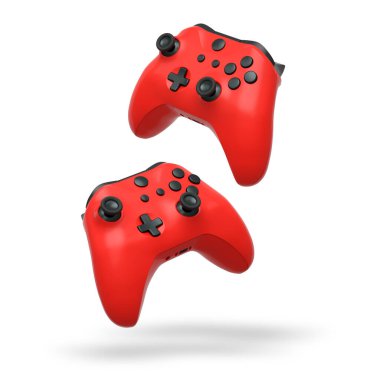 Havada uçan kablosuz oyun kontrolörleri kırpma yolu ile beyaz arka planda izole edilmiş, oyun teknolojisi konseptini sembolize ediyor.