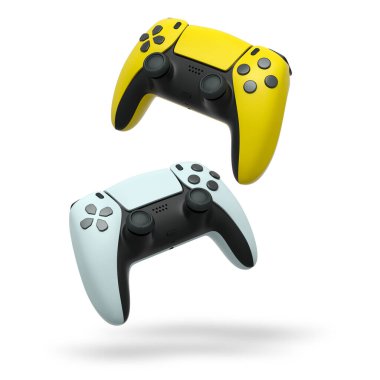 Havada uçan kablosuz oyun kontrolörleri kırpma yolu ile beyaz arka planda izole edilmiş, oyun teknolojisi konseptini sembolize ediyor.