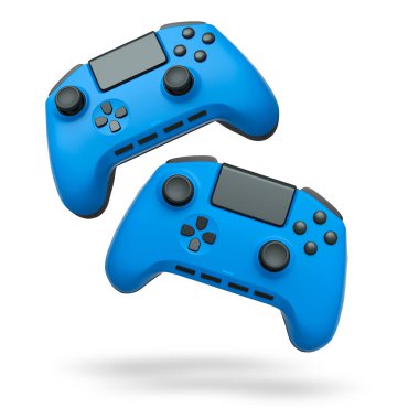 Havada uçan kablosuz oyun kontrolörleri kırpma yolu ile beyaz arka planda izole edilmiş, oyun teknolojisi konseptini sembolize ediyor.