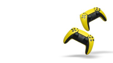 Havada uçan kablosuz oyun kontrolörleri kırpma yolu ile beyaz arka planda izole edilmiş, oyun teknolojisi konseptini sembolize ediyor.