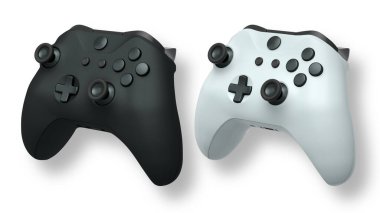 Havada uçan kablosuz oyun kontrolörleri kırpma yolu ile beyaz arka planda izole edilmiş, oyun teknolojisi konseptini sembolize ediyor.