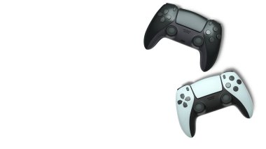 Havada uçan kablosuz oyun kontrolörleri kırpma yolu ile beyaz arka planda izole edilmiş, oyun teknolojisi konseptini sembolize ediyor.