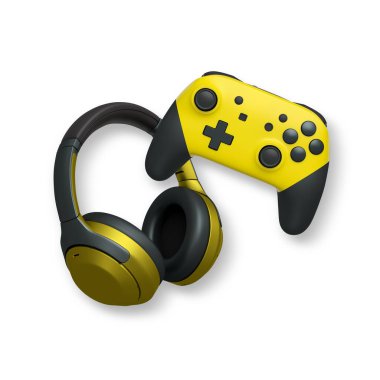Wireless gaming headset and game controller isolated on white background with clipping path. Concept of modern gaming accessories