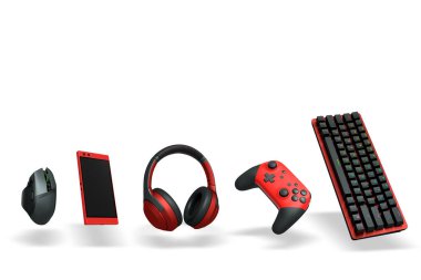 Klavye, denetleyici, fare, telefon ve kulaklık gibi oyun aksesuarları beyaz arkaplanda kırpma yolu ile izole edilmiş