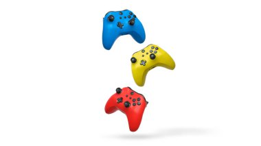 Havada uçan kablosuz oyun kontrolörleri kırpma yolu ile beyaz arka planda izole edilmiş, oyun teknolojisi konseptini sembolize ediyor.