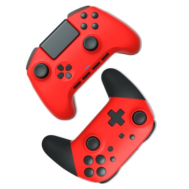 Havada uçan kablosuz oyun kontrolörleri kırpma yolu ile beyaz arka planda izole edilmiş, oyun teknolojisi konseptini sembolize ediyor.