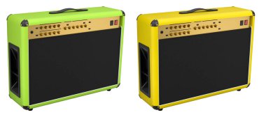 Beyaz zemin üzerinde izole edilmiş klasik elektrik ve akustik gitar amplifikatörü seti. Stüdyo veya prova odasında bas gitar kaydetmek için 3D yükseltici