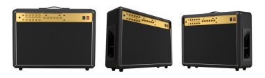 Beyaz zemin üzerinde izole edilmiş klasik elektrik ve akustik gitar amplifikatörü seti. Stüdyo veya prova odasında bas gitar kaydetmek için 3D yükseltici
