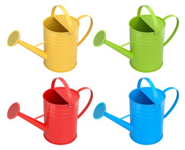 Kırmızı, sarı, yeşil ve mavi metal sulama kutuları seti beyaz arka planda izole, bahçe aletleri kavramı.