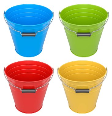 Beyaz arkaplanda izole edilmiş plastik saplı metal kovalar, araç gereç, depolama veya bahçe işleri.