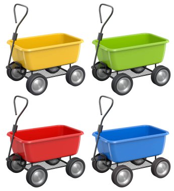 Yeşil, sarı, kırmızı ve mavi renkli plastik oyuncak arabaları beyaz arka planda izole edilmiş, çocuk oyuncakları konsepti..