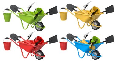 Kürek ve tırmık gibi bahçe aletleri olan renkli el arabaları, beyaz arka planda izole edilmiş, bahçeciliği ve peyzajı sembolize ediyor.