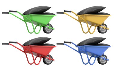 Siyah çuvallar taşıyan renkli el arabaları, beyaz arka planda izole edilmiş, bahçıvanlığı, teslimatı ya da taşımayı simgeliyor..