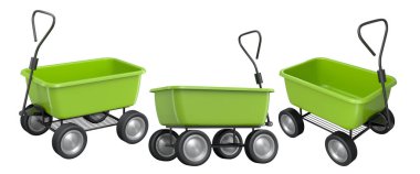 Bahçedeki bahçıvan ve saksılar için beyaz arka planda bahçe aletleri ve malzemeler. 3D bahçe işleri ve tarım malzemeleri kavramı