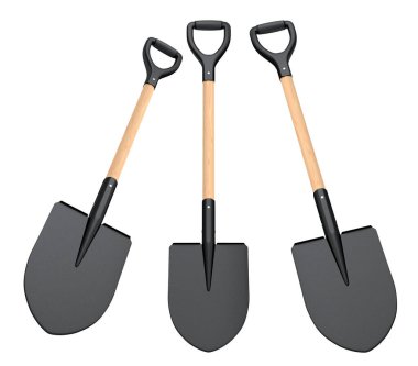Beyaz arka planda izole edilmiş, bahçe aletlerini sembolize eden, temiz ve minimalist bir şekilde gösterilmiş, D kulplu ve tahta şaftlı bahçe kürekleri.