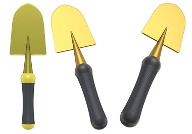 Ergonomik kauçuk kabzalı dört renkli kazıyıcı seti, metalik kaplama, beyaz arka planda izole edilmiş, ev aletleri kavramı