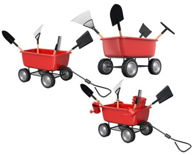 Kürek ve tırmık gibi bahçe aletleri olan renkli el arabaları, beyaz arka planda izole edilmiş, bahçeciliği ve peyzajı sembolize ediyor.