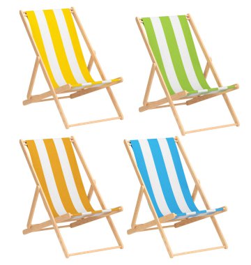 Beyaz arka planda izole edilmiş yaz kaçamakları için çizgili plaj sandalyeleri. Yaz tatili konsepti ve tatillerinin 3 boyutlu canlandırması