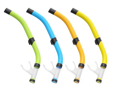 Yaz tatili için dalış maskesi ve şnorkel seti ve beyaz arka planda şnorkelle dalış yaz tatili konsepti ve tatillerin 3 boyutlu canlandırması.