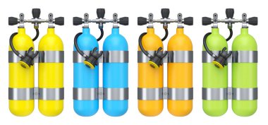 Yaz tatili için oksijen dolu dalış tüpü ve beyaz arka planda şnorkelle dalış yaz tatili konsepti ve tatillerin 3 boyutlu canlandırması.